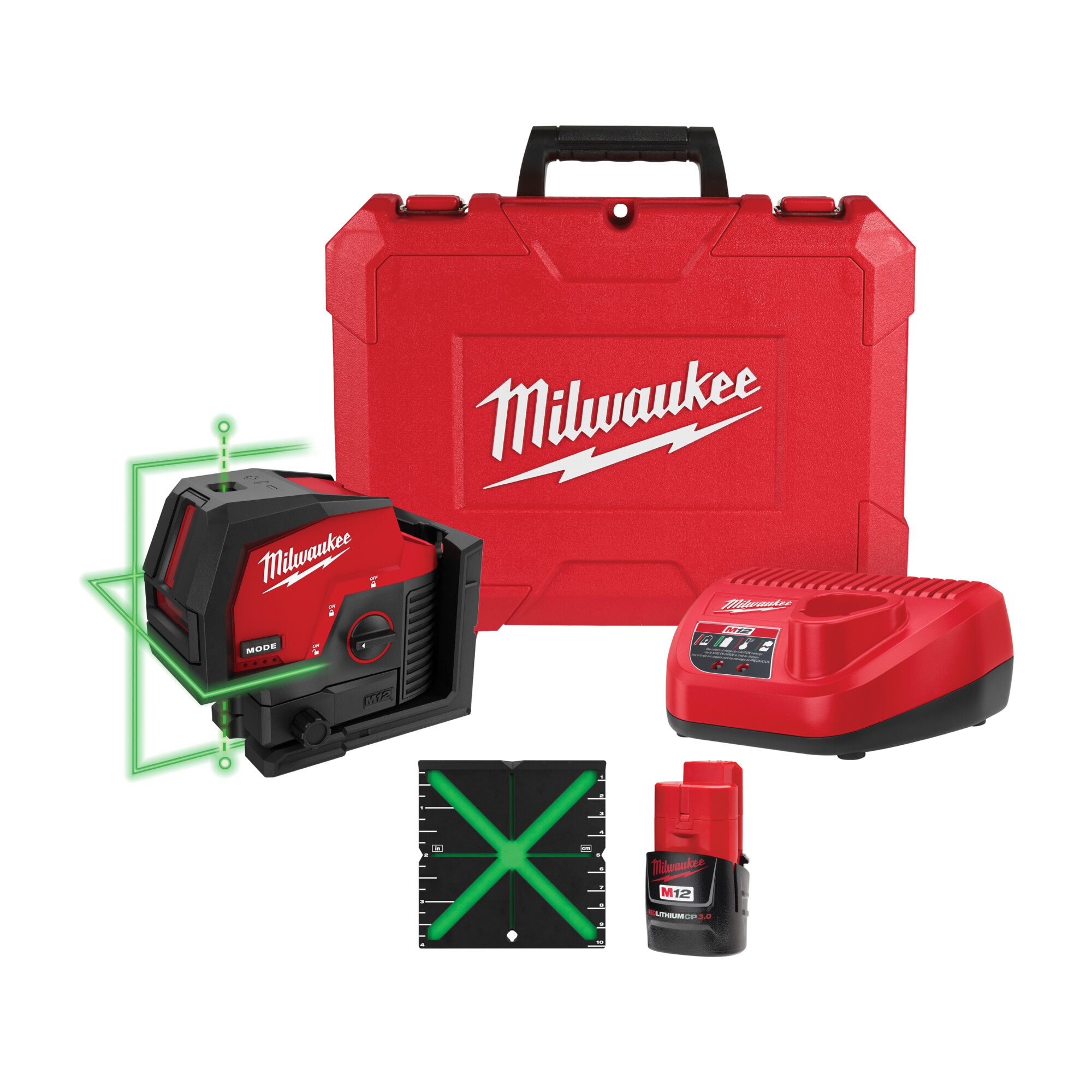 Milwaukee M12 Rechargeable Green Cross Line and Plumb Points Laser Kit